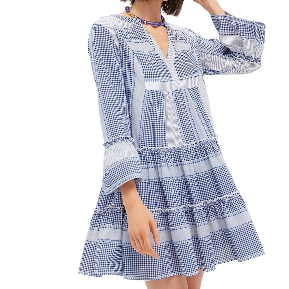 Tuckernuck Pomander Place Blue Gingham Lanie Dress Mixed Print Tiered Size Small